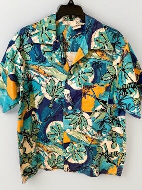 Vintage 1970’s Le Chevron Hawaiian Shirt Abstract Impressionist Size L Cotton
